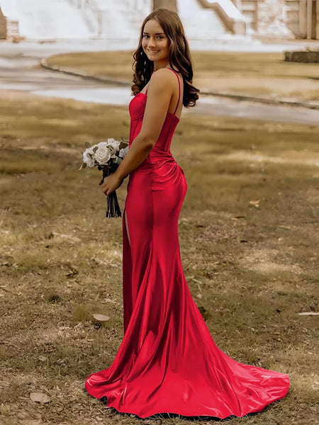 Blue Satin Mermaid Long Formal Dress with Slit