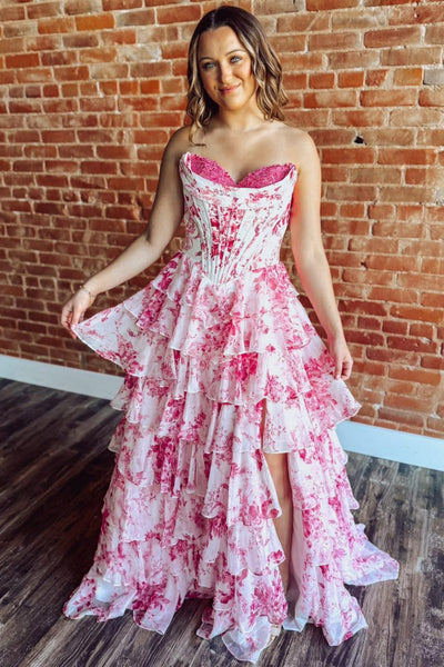 Women's Sweetheart Corset Chiffon Floral Print A Line Long Prom Dresses with Slit