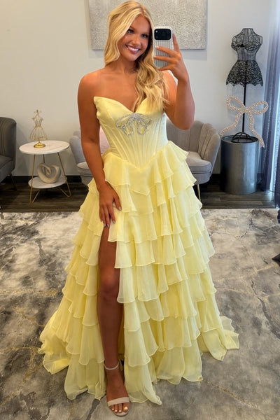 A Line Strapless Corset Chiffon Tiered Crystal Long Prom Dresses with Slit
