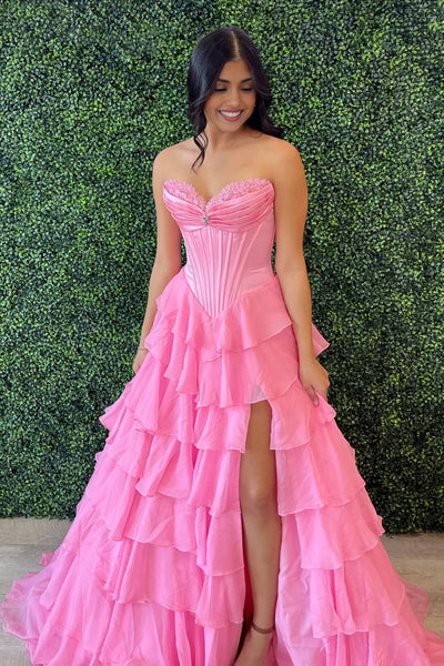 Pink Sweetheart A Line Chiffon Ruffled Long Formal Prom Dresses With Beading