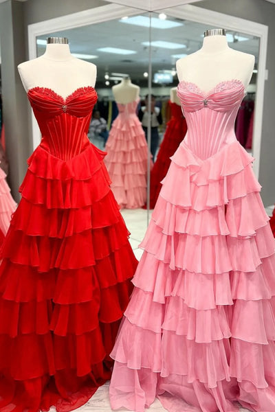 Pink Sweetheart A Line Chiffon Ruffled Long Formal Prom Dresses With Beading