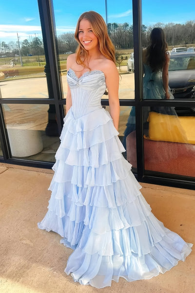 Pink Sweetheart A Line Chiffon Ruffled Long Formal Prom Dresses With Beading