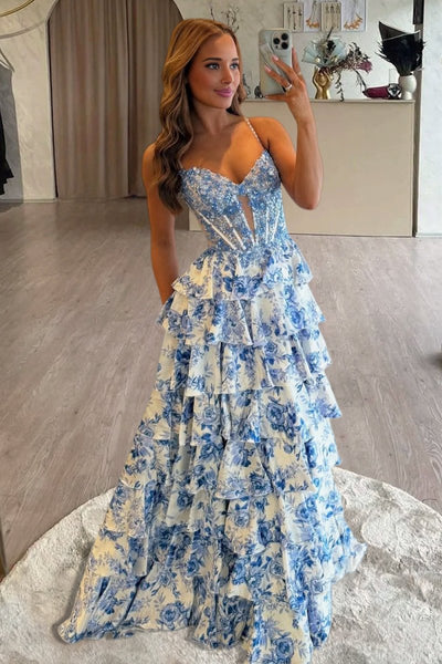 Blue Spaghetti Straps A Line Floral Chiffon Ruffled Prom Dresses With Slit