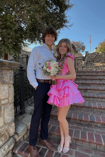 Plunge Neck Fuchsia Ruffle Tiered Short Dress