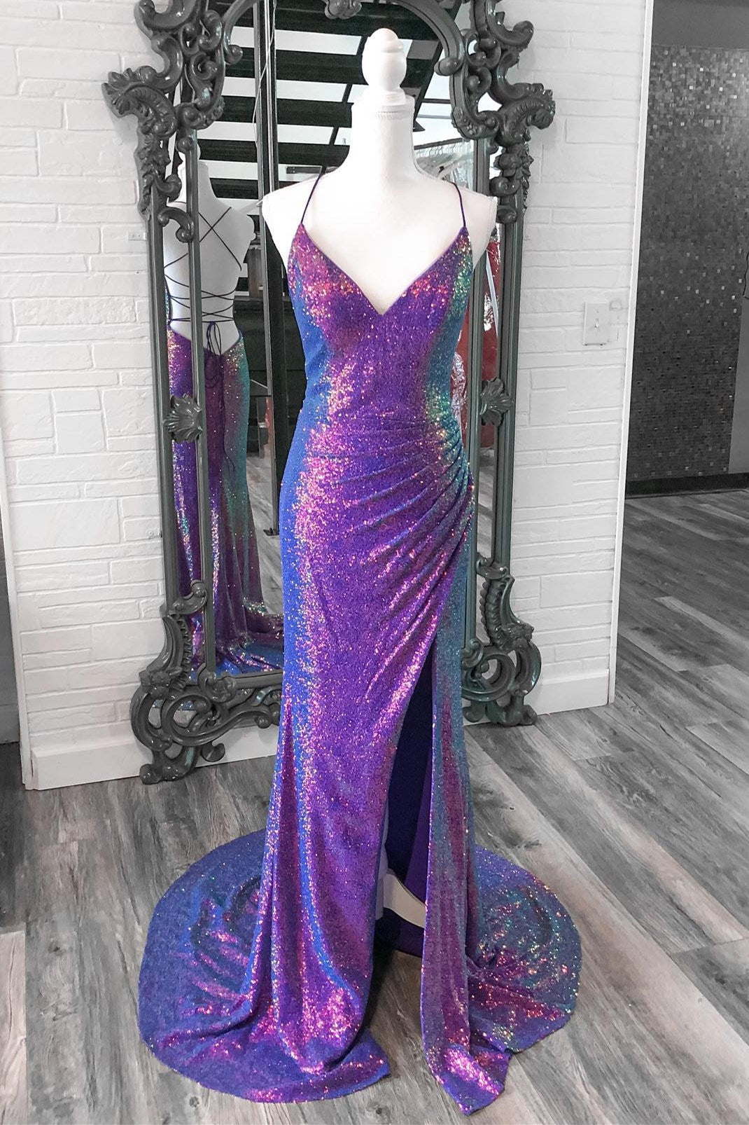 Chic Sparkly Mermaid Purple Sequins V Neck Long Prom Dresses with Slit Vickidress Chic Sparkly Mermaid Purple Sequins V Neck Long Prom Dresses with Slit Vickidress