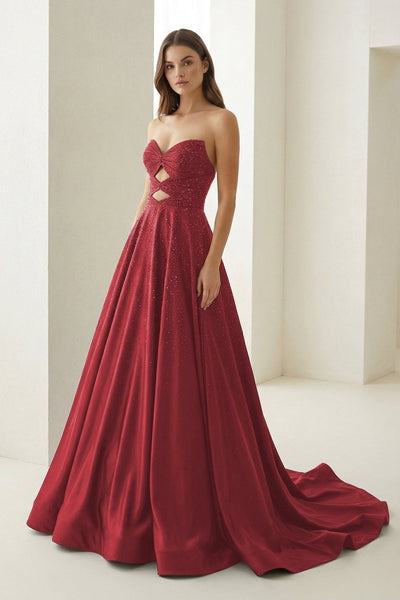 Sky Blue Sweetheart A Line Satin Beaded Long Prom Dresses With Cutout