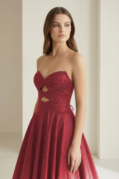 Sky Blue Sweetheart A Line Satin Beaded Long Prom Dresses With Cutout