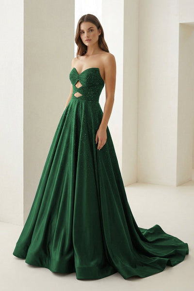 Sky Blue Sweetheart A Line Satin Beaded Long Prom Dresses With Cutout