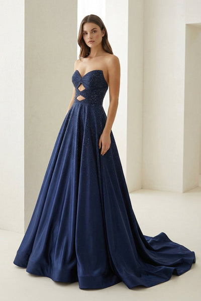 Sky Blue Sweetheart A Line Satin Beaded Long Prom Dresses With Cutout