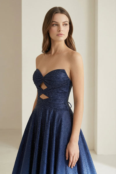 Sky Blue Sweetheart A Line Satin Beaded Long Prom Dresses With Cutout