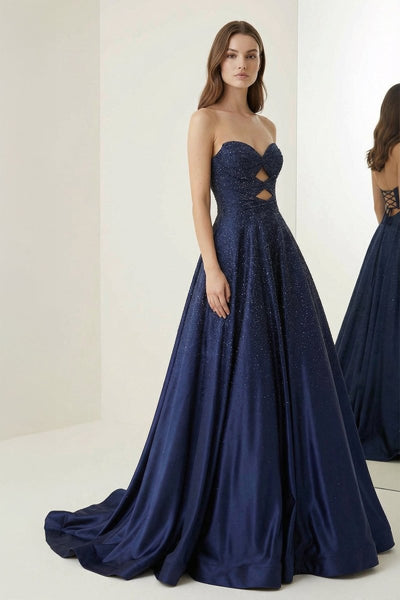 Sky Blue Sweetheart A Line Satin Beaded Long Prom Dresses With Cutout