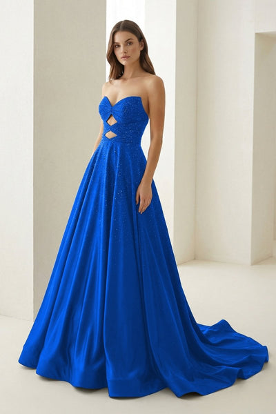Sky Blue Sweetheart A Line Satin Beaded Long Prom Dresses With Cutout