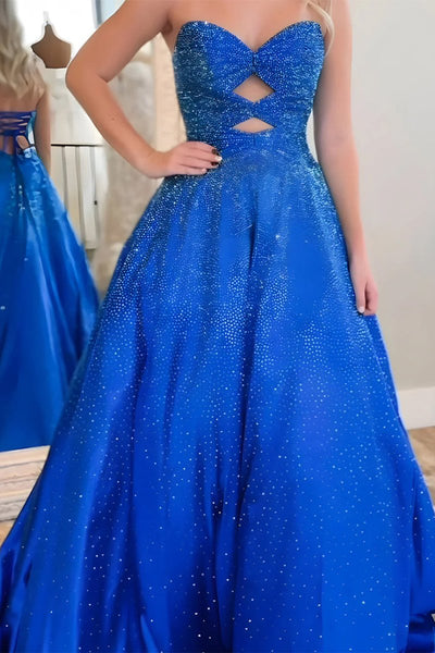 Sky Blue Sweetheart A Line Satin Beaded Long Prom Dresses With Cutout