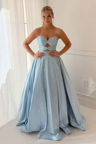 Sky Blue Sweetheart A Line Satin Beaded Long Prom Dresses With Cutout