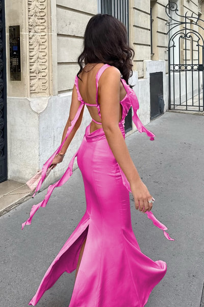 Pink Cowl Neck Sheath Satin Open Back Formal Prom Dresses With Ruffles