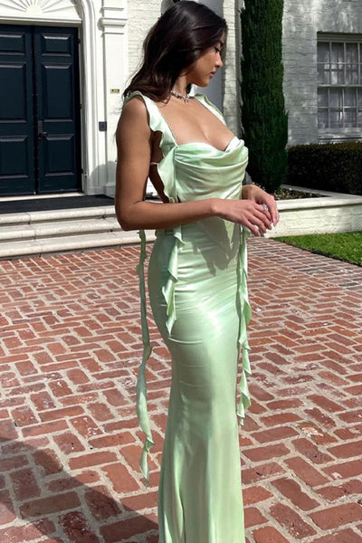 Pink Cowl Neck Sheath Satin Open Back Formal Prom Dresses With Ruffles