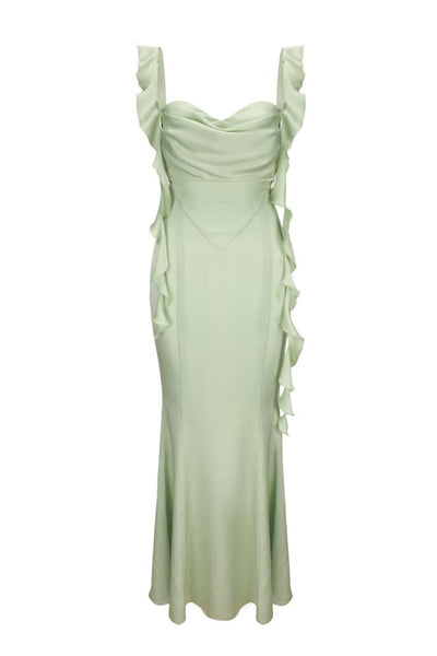 Pink Cowl Neck Sheath Satin Open Back Formal Prom Dresses With Ruffles