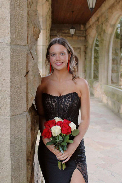 Elegant Mermaid Strapless Black Lace Long Prom Dress with Slit