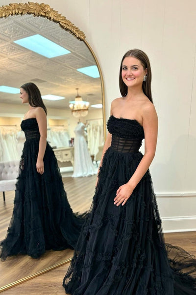 Cute A Line Strapless Black Tiered Tulle Lone Prom Dresses