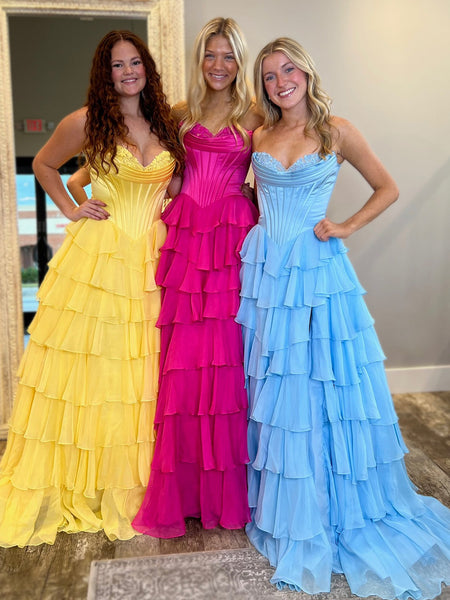 Cute Yellow Sweetheart Ruffle Chiffon Tiered Long Prom Dresses With Split