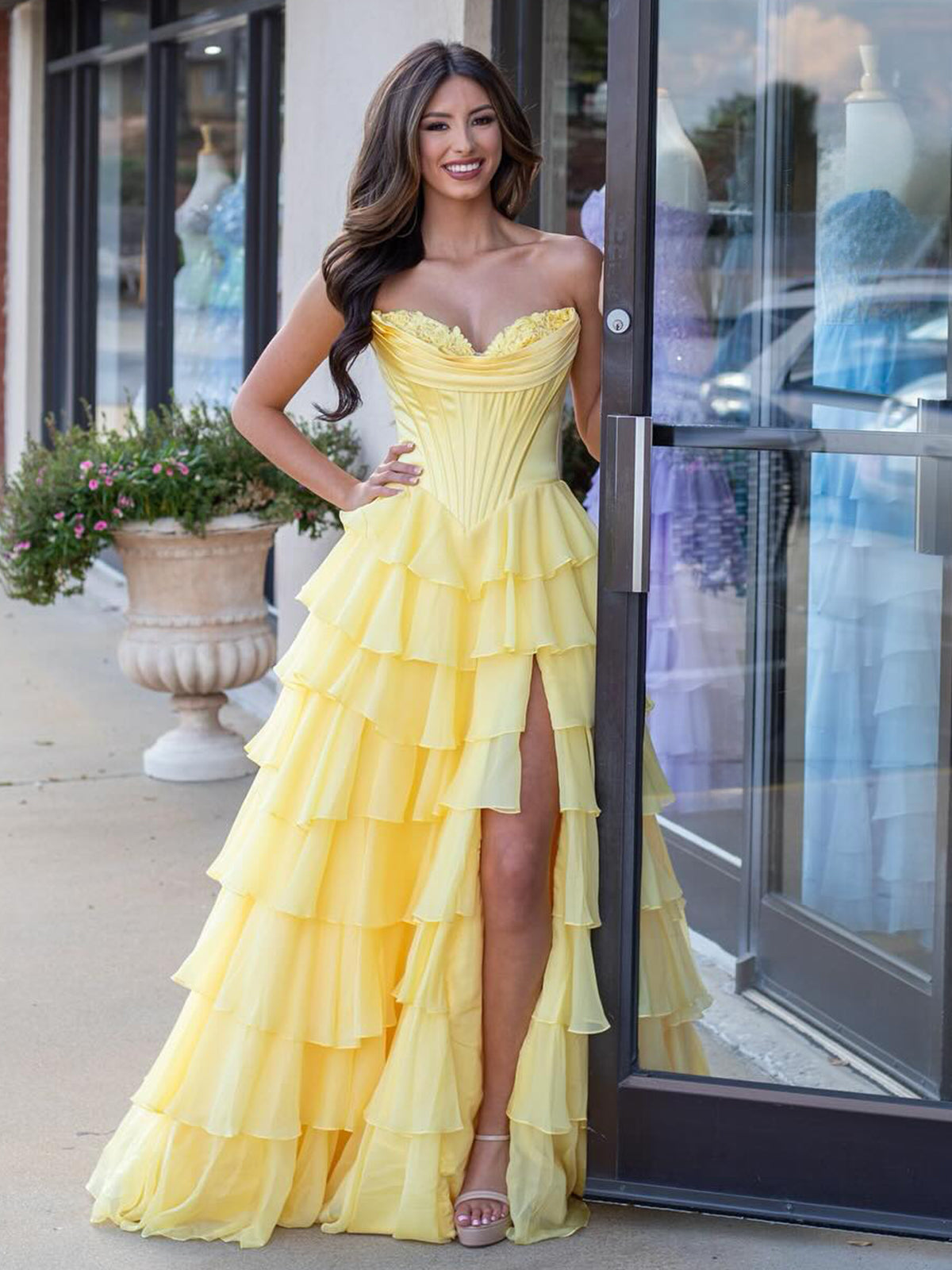Cute Yellow Sweetheart Ruffle Chiffon Tiered Long Prom Dresses With Split