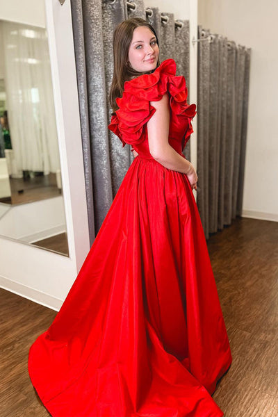 Cute A Line Red Ruffle Neck Satin Long Prom Dresses