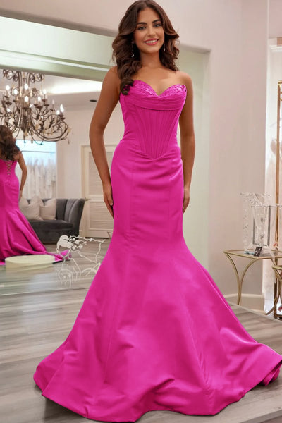 Blue Sweetheart Mermaid Pleated Long Formal Prom Dresses With Appliques