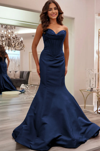 Blue Sweetheart Mermaid Pleated Long Formal Prom Dresses With Appliques