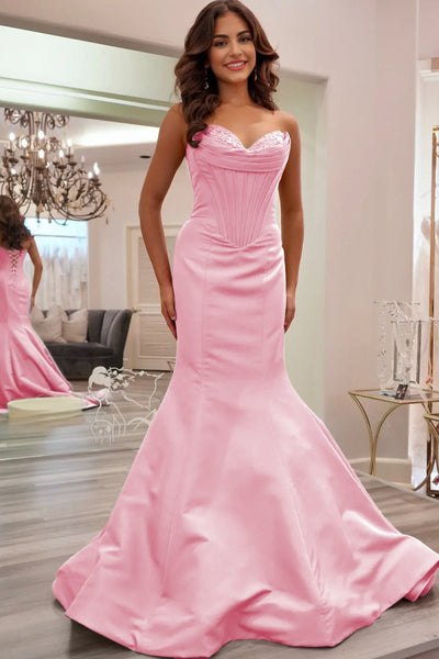 Blue Sweetheart Mermaid Pleated Long Formal Prom Dresses With Appliques