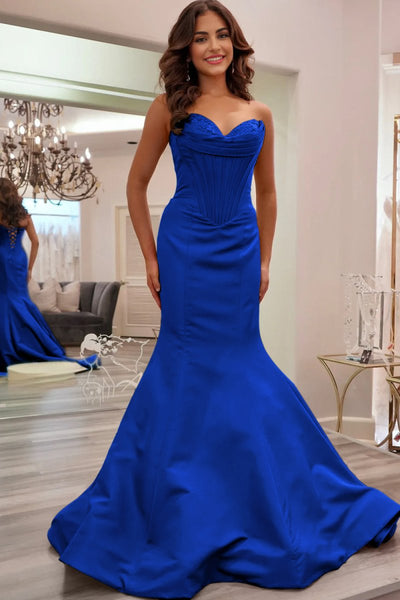 Blue Sweetheart Mermaid Pleated Long Formal Prom Dresses With Appliques