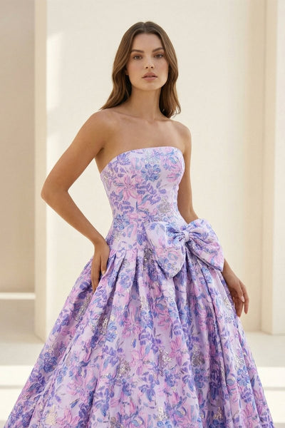 Lilac Strapless Floral Printed A Line Long Formal Prom Dresses With Bow