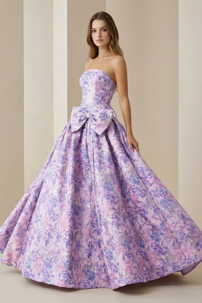 Lilac Strapless Floral Printed A Line Long Formal Prom Dresses With Bow