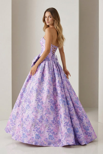 Lilac Strapless Floral Printed A Line Long Formal Prom Dresses With Bow