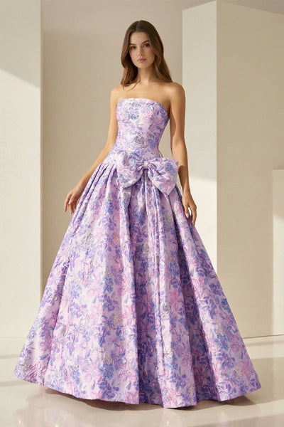 Lilac Strapless Floral Printed A Line Long Formal Prom Dresses With Bow