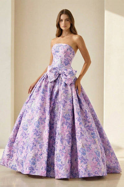 Lilac Strapless Floral Printed A Line Long Formal Prom Dresses With Bow