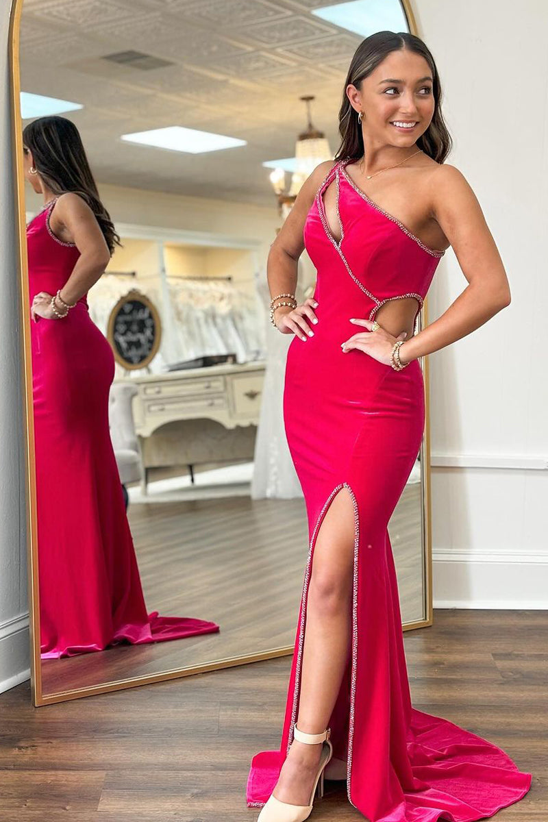 Charming Mermaid One Shoulder Red Velvet Slit Prom Dresses with Beading