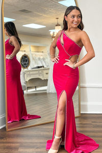 Charming Mermaid One Shoulder Red Velvet Slit Prom Dresses with Beading