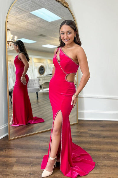 Charming Mermaid One Shoulder Red Velvet Slit Prom Dresses with Beading