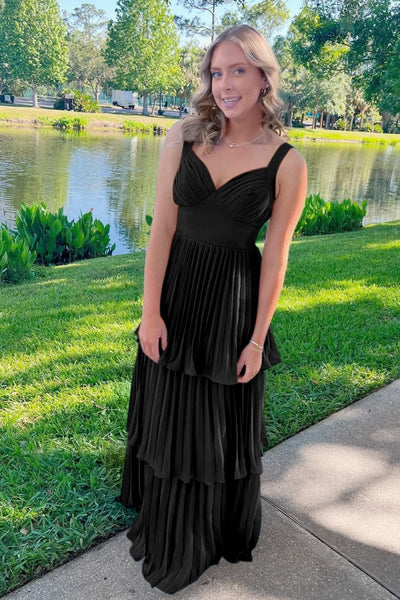 Blue Sweetheart A-Line Chiffon Pleated Long Prom Dresses With Ruffles