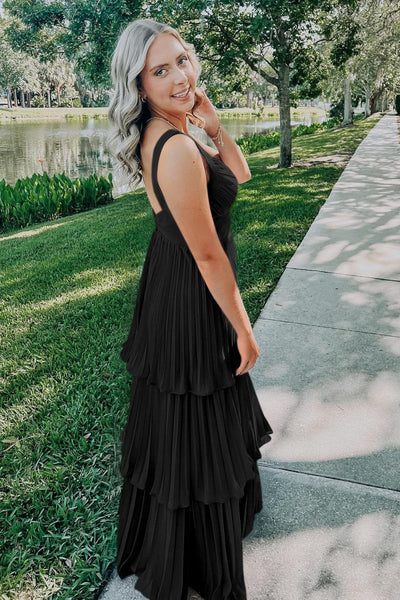 Blue Sweetheart A-Line Chiffon Pleated Long Prom Dresses With Ruffles