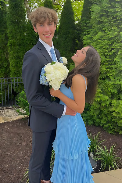 Blue Sweetheart A-Line Chiffon Pleated Long Prom Dresses With Ruffles