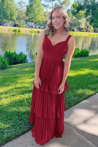 Blue Sweetheart A-Line Chiffon Pleated Long Prom Dresses With Ruffles