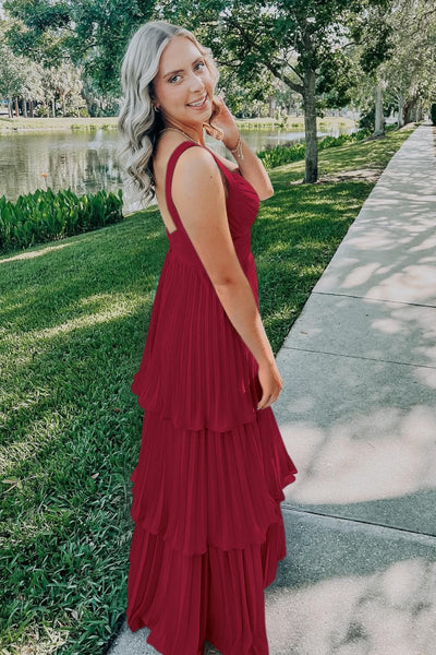 Blue Sweetheart A-Line Chiffon Pleated Long Prom Dresses With Ruffles