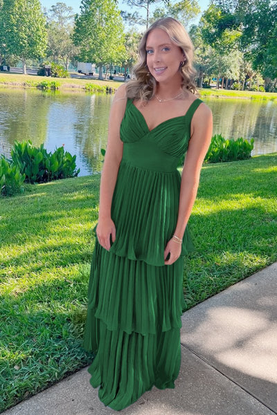 Blue Sweetheart A-Line Chiffon Pleated Long Prom Dresses With Ruffles