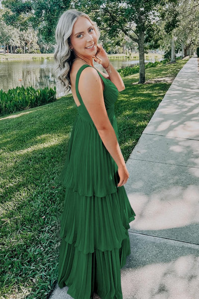 Blue Sweetheart A-Line Chiffon Pleated Long Prom Dresses With Ruffles