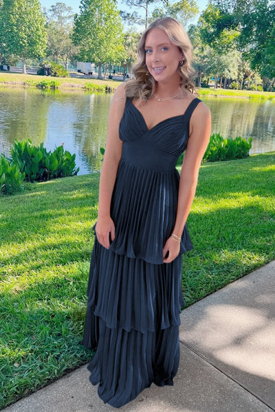 Blue Sweetheart A-Line Chiffon Pleated Long Prom Dresses With Ruffles