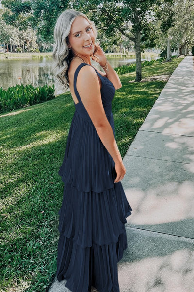 Blue Sweetheart A-Line Chiffon Pleated Long Prom Dresses With Ruffles