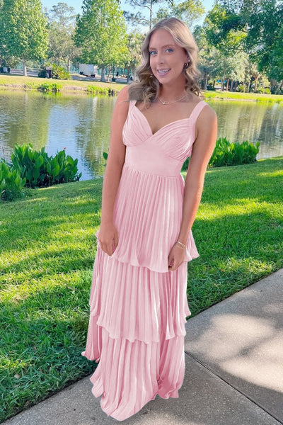 Blue Sweetheart A-Line Chiffon Pleated Long Prom Dresses With Ruffles