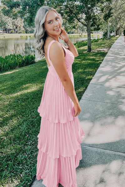Blue Sweetheart A-Line Chiffon Pleated Long Prom Dresses With Ruffles