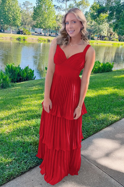 Blue Sweetheart A-Line Chiffon Pleated Long Prom Dresses With Ruffles